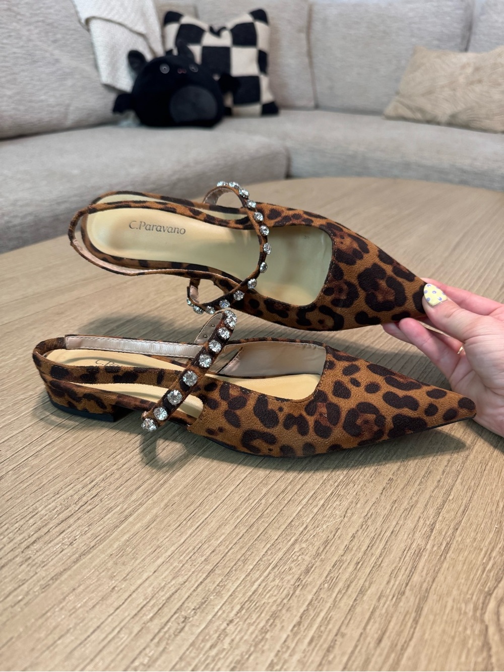 C. Paravano Leopard Print Slingback Flats with Crystal Strap